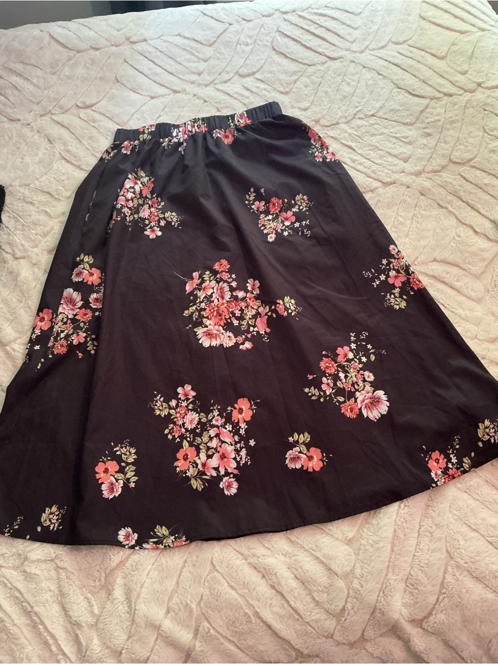Black Floral A-Line Skirt with Pink Bouquet Print